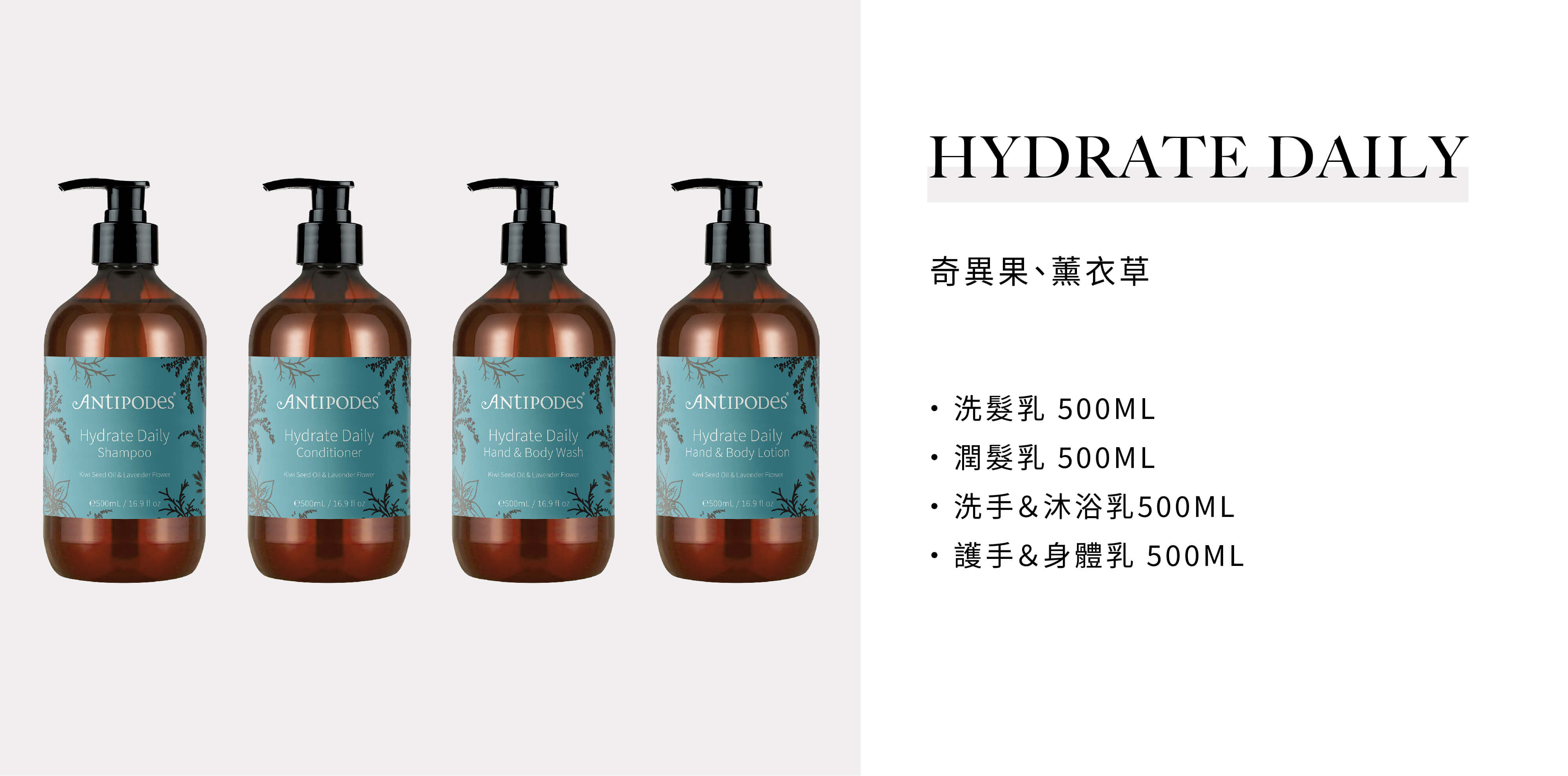 飯店沐浴用品Antipodes的Hydrate Daily系列由飯店沐浴備品供應商Sunlife晨居供應